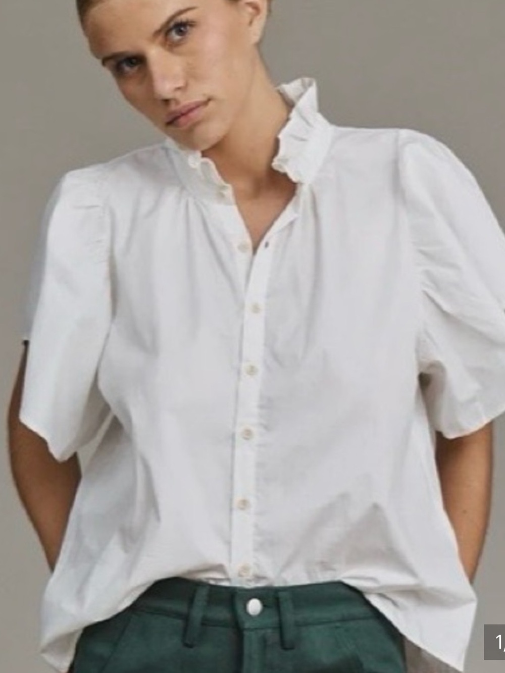 Acacia Mimi 100% linen White Ruffle Collar Button-Front Blouse Short Sleeve sz S